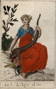 Myth of the Ages of Humanity: representation of the Golden Age, as a young virgin with perfect beauty, crowned with flowers and holding a horn of abundance. From 