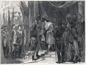 Napoleon Bonaparte (1769-1821) handing over the Treaty of Campoformio to the member of the Executive Board on 10 December 1797. This treaty between France and Austria marks the end of the First Coalition by French School