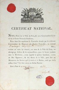 National Certificate of Good Behaviour during the French Revolution, 8th August 1789 in Paris