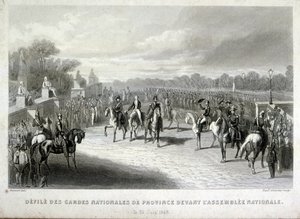 National Guard soldiers protect the National Assembly in Paris. Engraving during the French 1848 Revolution by French School