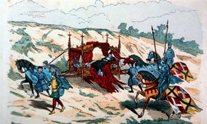 Nobleman being carried in a litter by retainers during the 14th century in Europe by French School