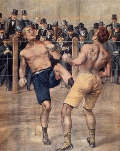One of first savate meetings, French boxing, fought in Paris in 1899, Colour engraving