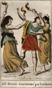 Orestes pursued by the Erinyes (or Furies) for avenging the death of his father Agamemnon by killing his mother Clytemnestra. From “Mythology of Youth” by Pierre Blanchard 1803.