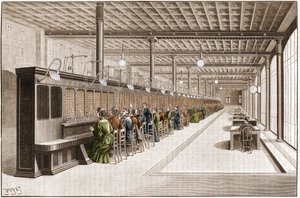 Overview of the large telephonic office on rue Gutenberg in Paris, organized to serve 6000 subscribers. (engraving from 1895)