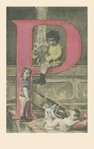 One child with a long pipe, another with a wheelbarrow, a baby lying on his stomach