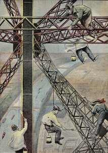 Painters at work, suspended 200 metres above Paris, to paint the Eiffel Tower in 1899. Engraving in Le Pelerin 16/07/1899.