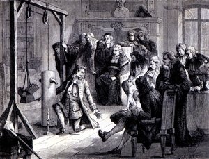 Papin (1647 - 1714) experiments with his powder machine before the professors of the University of Marburg - in Album of Science; illustrious scientists; Great discoveries 1896