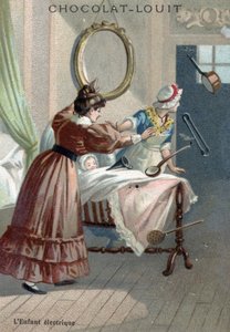 Paranormal activity: a newborn moving objects by levitation (Chromolithography of the end of the 19th century)