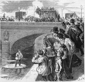 Paris, winter 1870: a child climbs on an ice floe headed towards the Seine, from the Bercy bridge to the Passy viaduct. Engraving in Le Monde Illustré n°672 of 26 February 1870
