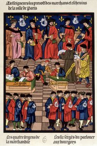 Parisian commercial traffic: the provosts of merchants and echevins, the transplant, the receiver, the prosecutor, the clerk, the goods sergeants... - facsimile of a miniature of the Middle Ages by French School