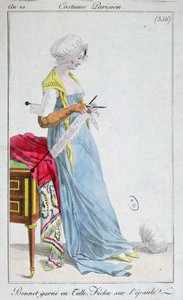 Parisian costume: bonnet trimmed with tulle, fichu on the shoulders, 1802 by French School