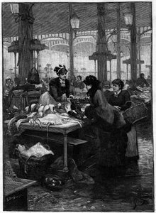 Parisian scene in the 19th century: a fish merchant and a client at Halles central. Derbier engraving from Gilbert