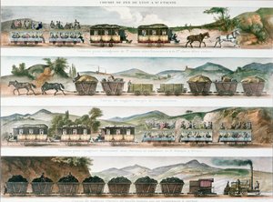 Passengers and freight on the first French line opened between Lyon and St. Etienne, 1829 by French School