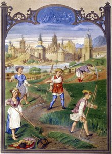 Peasants mowing grass, reproduction of illumination by French School