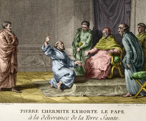 Peter the Hermit exhorts Pope Urban II to the deliverance of the Holy Land in 1093 (Peter the Hermit preaching the first Crusade) - Engraving from the Figures of the History of France, late 18th century by French School