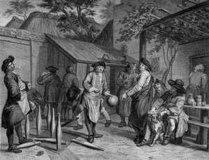 Players of bowling on the terrace of a café