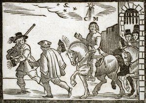 Mazarin flees from Paris on horseback, in the middle of the night, preceded by two valets carrying lanterns. Engraved wood 1651