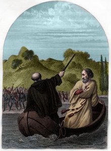 Pope Eugene IV (Eugenio, Eugenius) (1431-1447) escapes in a boat to escape the anger of the Romans - POPE EUGENIUS IV (Gabriele Condulmaro) opposed by the powerful Colonna family, he has to flee from Rome, while his enemies elect an anti-pope - Engraving f
