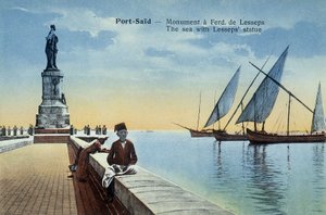 Port Said Postcard. Monument Dedicated to Fernand de Lesseps with Views of the Port and the Sea. Around 1900 (Postcard)
