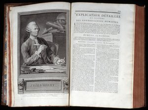 Portrait of Alembert and a text page of the Encyclopedia of Diderot and Alembert