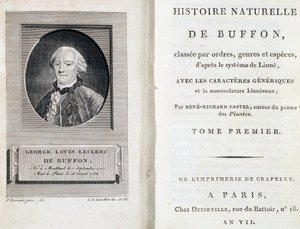 Portrait of Buffon and the title page of Natural History of Buffon classified by orders, genera and species, according to the Linnaeus system