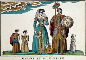 Portrait of Gayant, a giant symbolizing the city of Douai, depicts with his family: his wife, Marie Cagenon, and his three children, Jacquot, Fillon and Binbin. 18th century engraving, imagery by Belfort. Ferrand Collection by French School