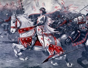 Portrait of Joan of Arc on horseback with royal flag, late 19th France by French School