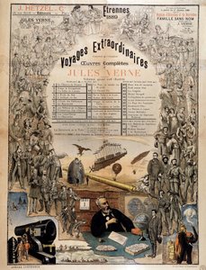 Portrait of Jules Verne and Scenes of His Works - Advertising Poster for His Complete Works by French School