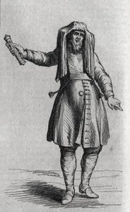 Portrait of a Jewish man holding the Mezuzoth. Engraving in 
