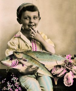 Portrait of a boy holding a fish c.1898 by French School