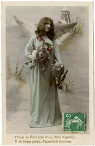 Postcard: The Christmas Angel for You, Dear Cute, Has Beautiful Toys, Excellent Sweets by French School