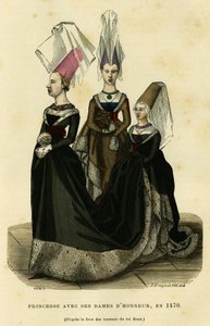 Princess with her ladies of honor, around 1470. Colour engraving after the book of the tournaments of the King Rene, in France et les francais a travers les siecles by Augustin Challamel, F.Roy editor, Paris 1882. Selva Collection.