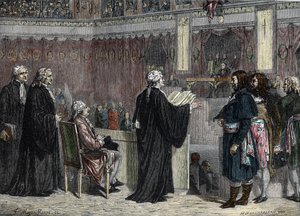 Trial of Louis XVI: Appearance of Louis XVI before the Deputies of the National Convention (colour engraving)