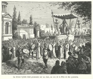 Procession of the chariot of the Roman goddess Cybele, preceded by pipers and cymbal players by French School
