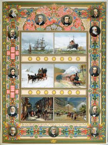 Progress during the reign of Queen Victoria. Sailing ships, steam ships, steam train and gas and electric street lighting, 1887