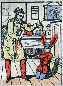 Punishment at school: Pupil punished, with a donkey cap for talking to his comrades. Epinal imaging from the end of the 19th century. by French School