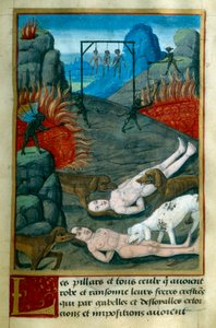 Punishment reserved for thieves and looters in Hell, they are hanged, burned and devoured by dogs. Miniature from Le Tresor de Sapience by Jean Gerson. 15th century Chantilly, Musee Conde by French School