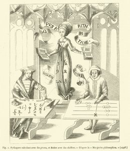 Pythagoras Calculating with Counters, and Boethius with Numbers (engraving) by French School