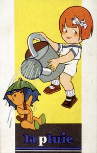Rain representation: a girl with a watering can by French School