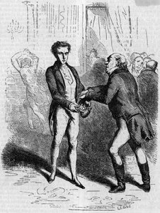 Rastignac dizzy lets the white-haired man take ten louis. Engraving mid 19th century. Illustration for The Father Goriot by Honore de Balzac (1799-1850) by French School