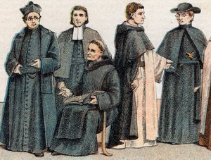 Religious costumes: portrait of a Jesuit, a Marist Brother, a Benedictine monk, a Dominican monk and an Oblate by French School