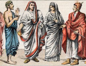Religious costumes in Antiquity: portrait of a Greek priest, minister for sacrifices, a Great Pontiff in ancient Rome, a vestal, a priestess of ancient Rome and a flamen Roman priest devoted to the worship of one god by French School
