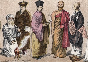Religious costumes of Asia: portrait of a Parsi priest, Lama, Chinese Buddhist priest, Ceylon bonze, and Japanese Buddhist priest by French School