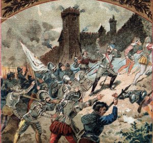 Religious wars: the Huguenots seized the castle of Dampierre in 1567. Chromolithography of the late 19th century