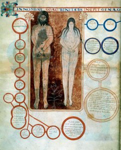 Representation of Adam and Eve, the red medallions represent the line of Cain, destroyed by the Deluge. Miniature illustrating the comments of 