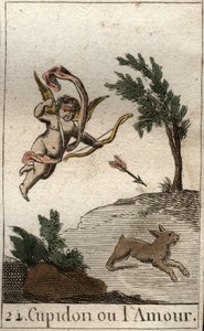 Representation of Cupid, or Amour, servant of Venus, as a child blindfolded, drawing an arrow. From “Mythology of Youth” by Pierre Blanchard 1803 by French School