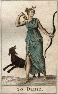 Representation of Diana, goddess of the hunt, she holds a bow and arrows. From “Mythology of Youth” by Pierre Blanchard 1803 by French School