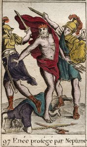 Representation of Aeneas, protected by Neptune, departing the fight against Achilles. From “Mythology of Youth” by Pierre Blanchard 1803.