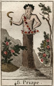 Representation of Priapus, god of libertinage and fertility, often represented with a giant erect penis, holding a sickle. From “Mythology of Youth” by Pierre Blanchard 1803.