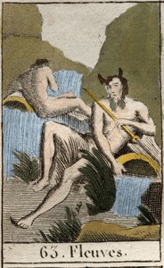 Representation of Rivers, old men with wet beard and hair, sitting near overturned urn. From 